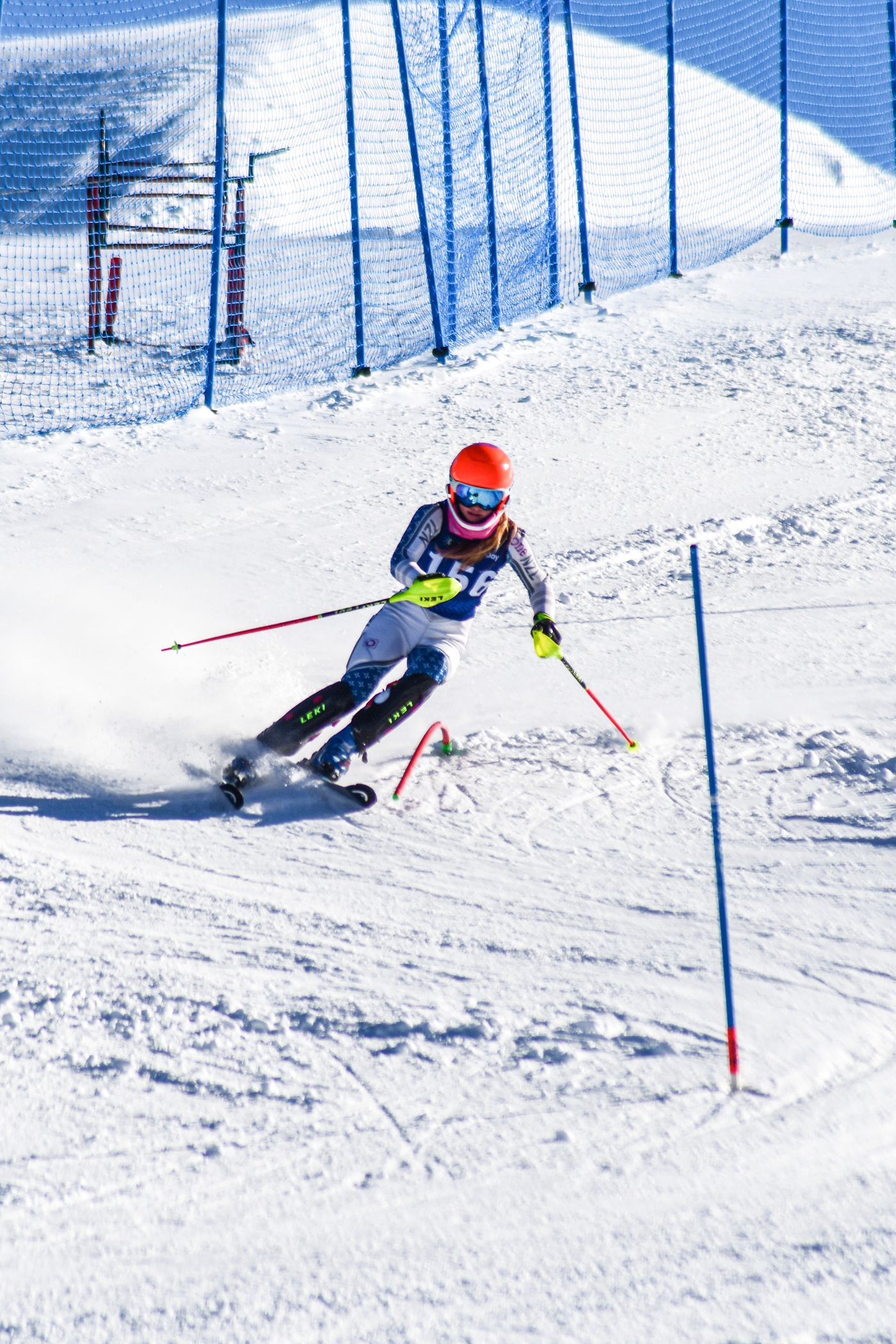Isla driving out of a slalom turn at Cardrona